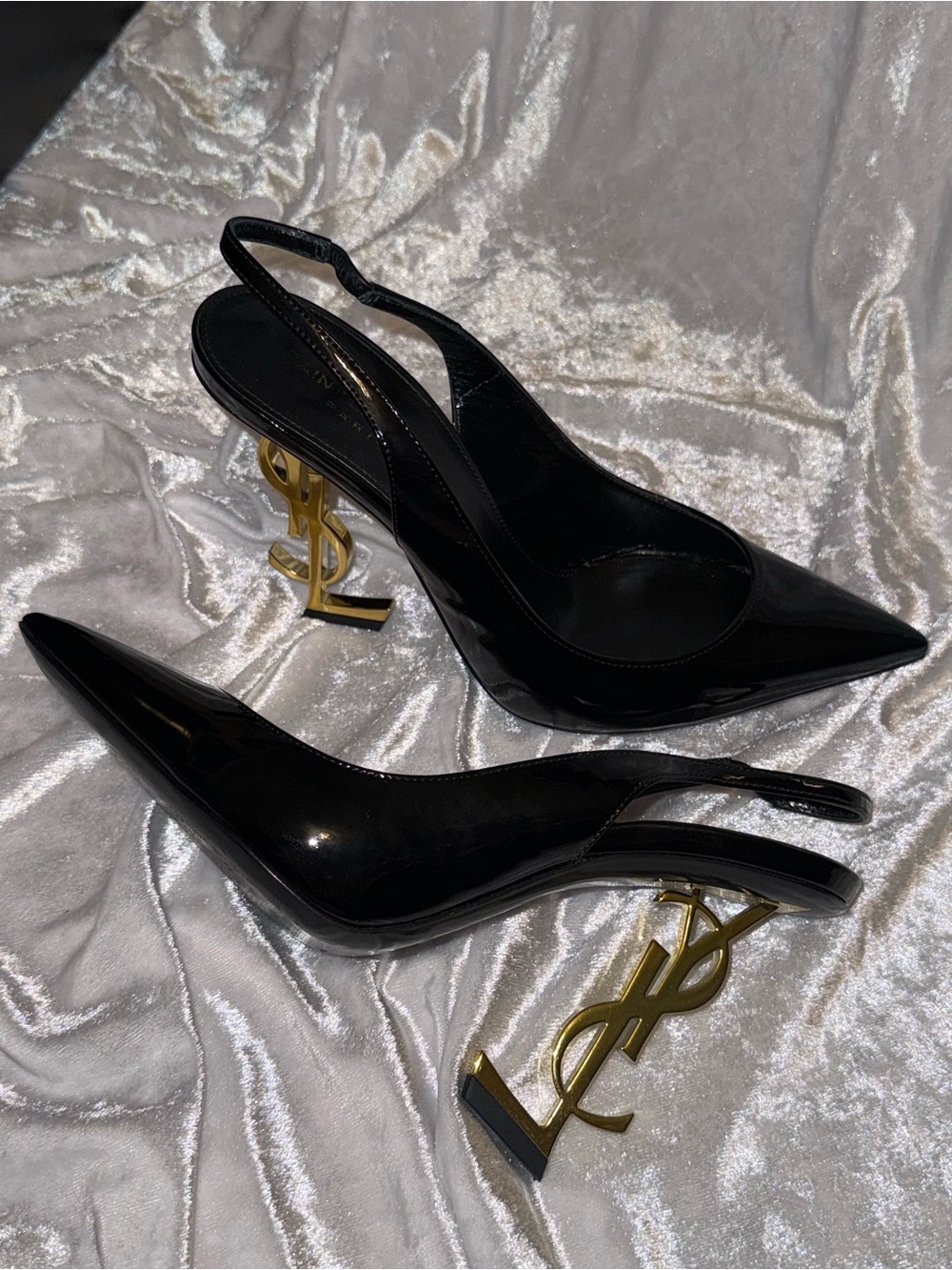 Saint Laurent Black Patent Opyum Slingback Heels with Gold Logo Heel - Picture 6 of 13